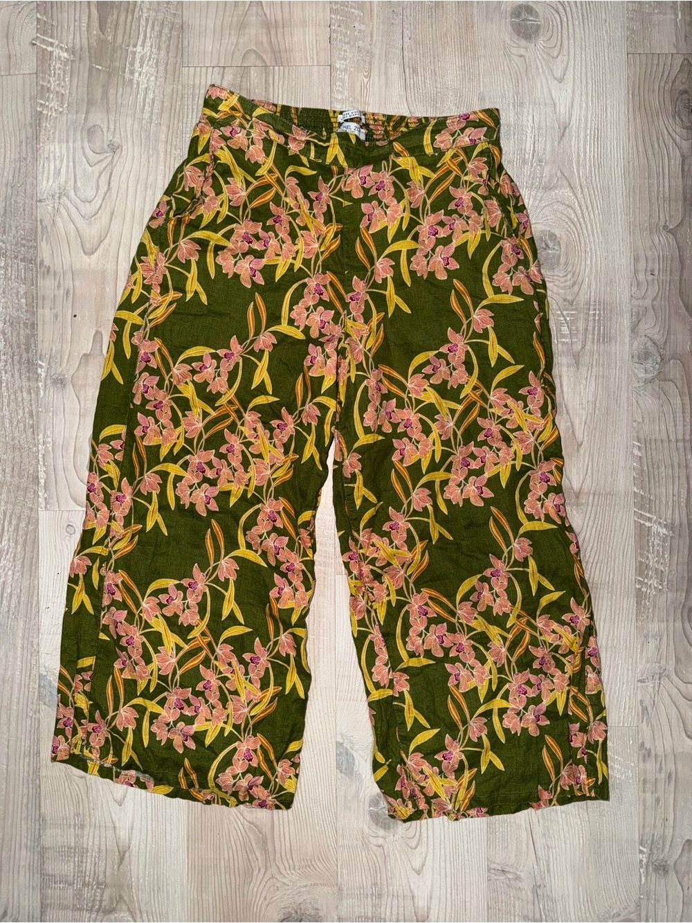 RACHEL ZOE Olive Green Floral Wide-Leg Linen Pants, Size Large